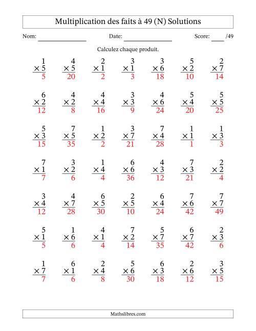 Multiplication des faits à 49 (49 Questions) (Pas de Zeros) (N) page 2