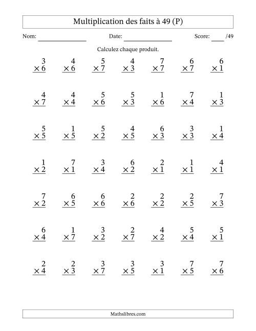Multiplication des faits à 49 (49 Questions) (Pas de Zeros) (P)