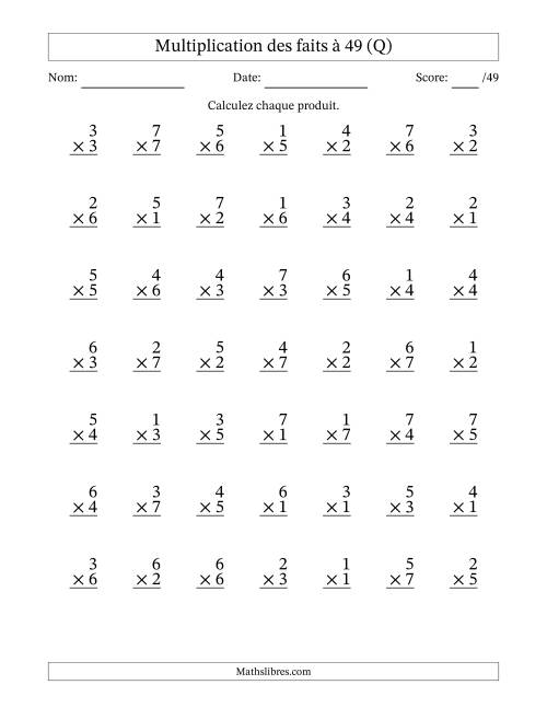 Multiplication des faits à 49 (49 Questions) (Pas de Zeros) (Q)