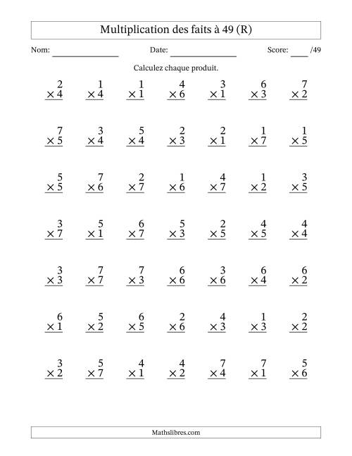 Multiplication des faits à 49 (49 Questions) (Pas de Zeros) (R)