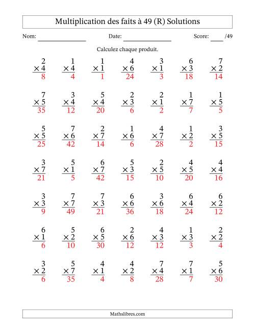 Multiplication des faits à 49 (49 Questions) (Pas de Zeros) (R) page 2