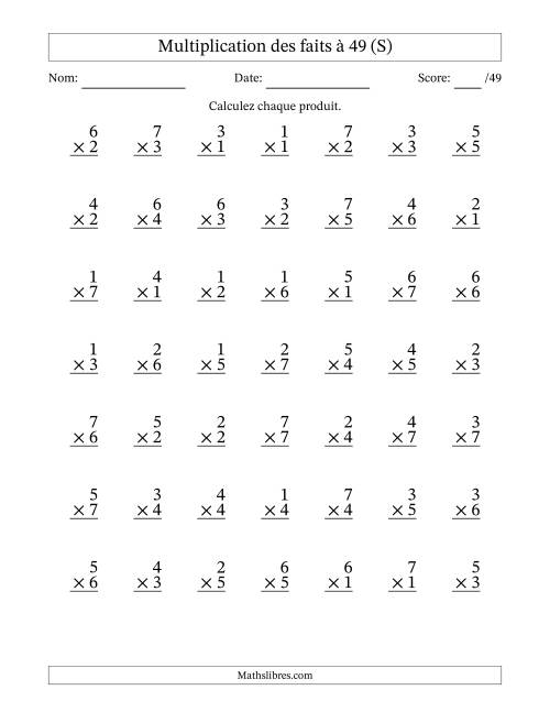 Multiplication des faits à 49 (49 Questions) (Pas de Zeros) (S)