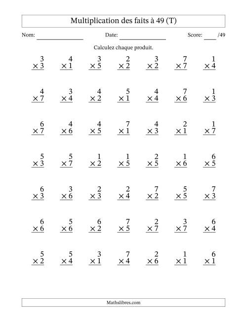 Multiplication des faits à 49 (49 Questions) (Pas de Zeros) (T)