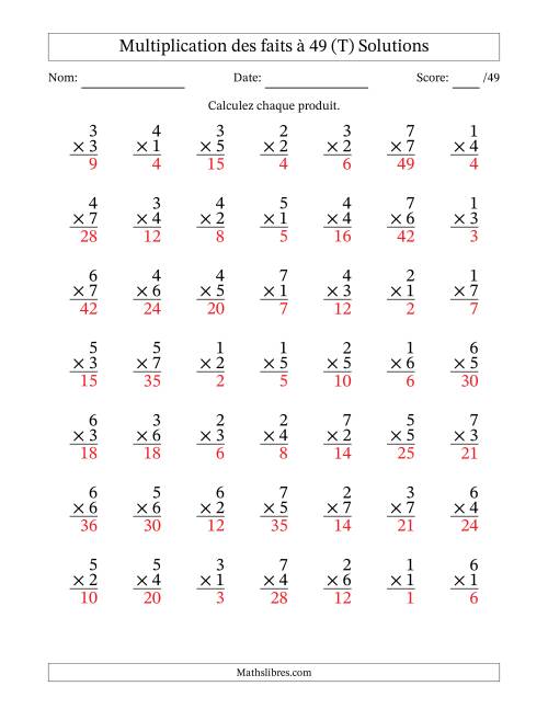 Multiplication des faits à 49 (49 Questions) (Pas de Zeros) (T) page 2