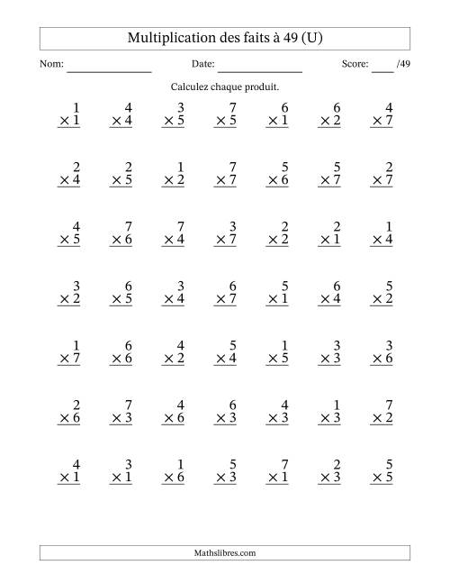 Multiplication des faits à 49 (49 Questions) (Pas de Zeros) (U)