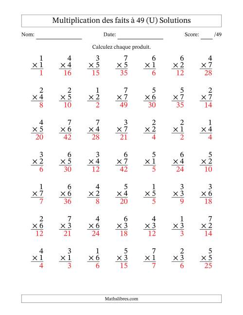 Multiplication des faits à 49 (49 Questions) (Pas de Zeros) (U) page 2
