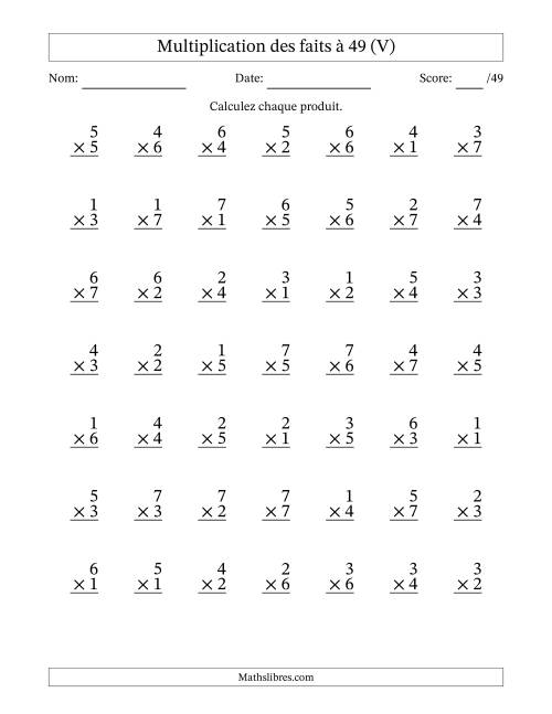 Multiplication des faits à 49 (49 Questions) (Pas de Zeros) (V)