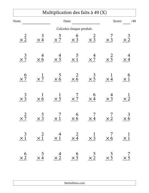 Multiplication des faits à 49 (49 Questions) (Pas de Zeros) (X)