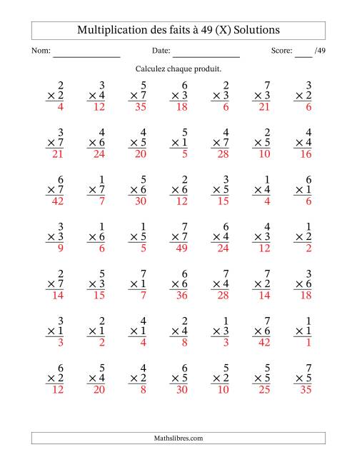 Multiplication des faits à 49 (49 Questions) (Pas de Zeros) (X) page 2