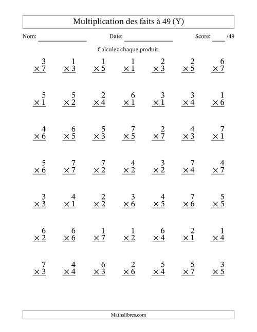 Multiplication des faits à 49 (49 Questions) (Pas de Zeros) (Y)