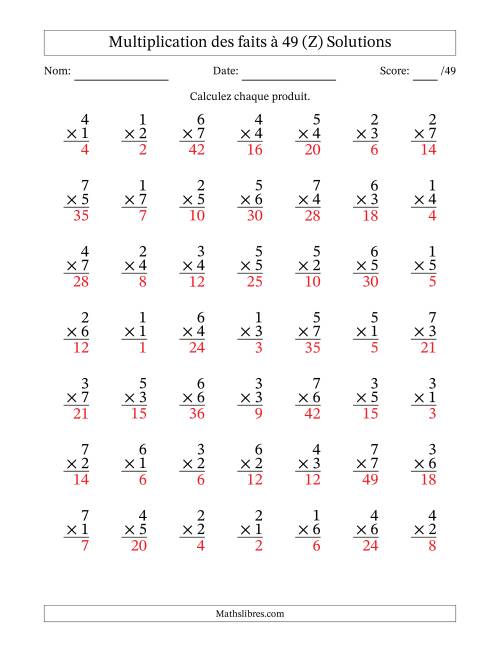 Multiplication des faits à 49 (49 Questions) (Pas de Zeros) (Z) page 2