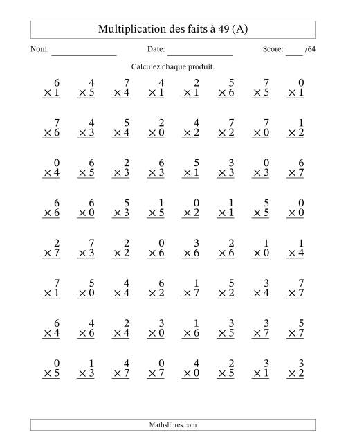 Multiplication des faits à 49 (64 Questions) (Avec Zeros) (A)