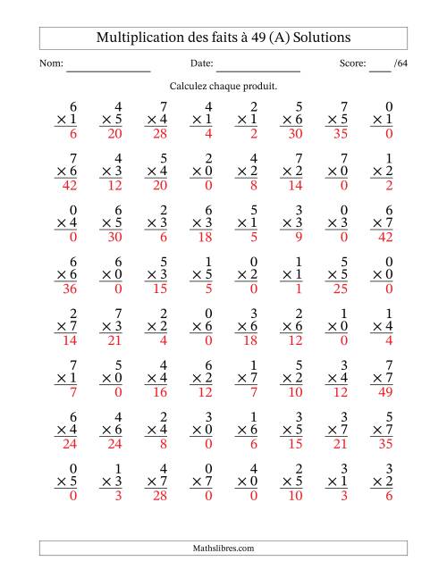 Multiplication des faits à 49 (64 Questions) (Avec Zeros) (A) page 2