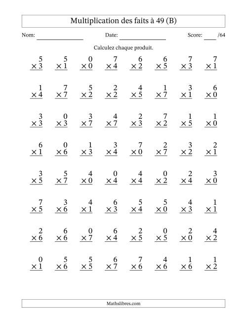 Multiplication des faits à 49 (64 Questions) (Avec Zeros) (B)