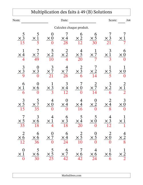 Multiplication des faits à 49 (64 Questions) (Avec Zeros) (B) page 2
