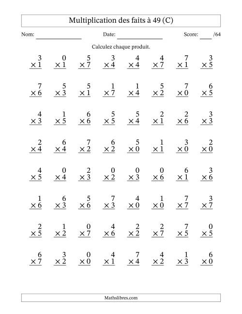 Multiplication des faits à 49 (64 Questions) (Avec Zeros) (C)