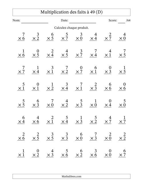 Multiplication des faits à 49 (64 Questions) (Avec Zeros) (D)