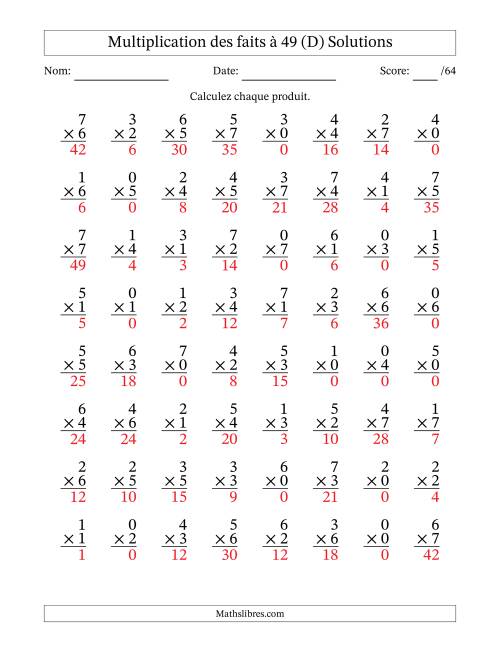 Multiplication des faits à 49 (64 Questions) (Avec Zeros) (D) page 2
