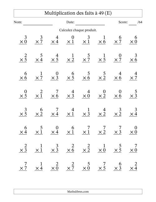 Multiplication des faits à 49 (64 Questions) (Avec Zeros) (E)