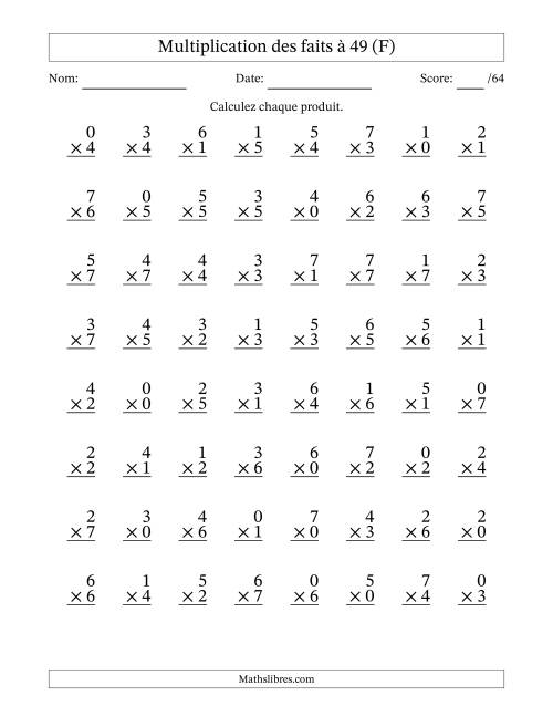 Multiplication des faits à 49 (64 Questions) (Avec Zeros) (F)