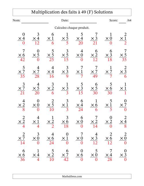 Multiplication des faits à 49 (64 Questions) (Avec Zeros) (F) page 2