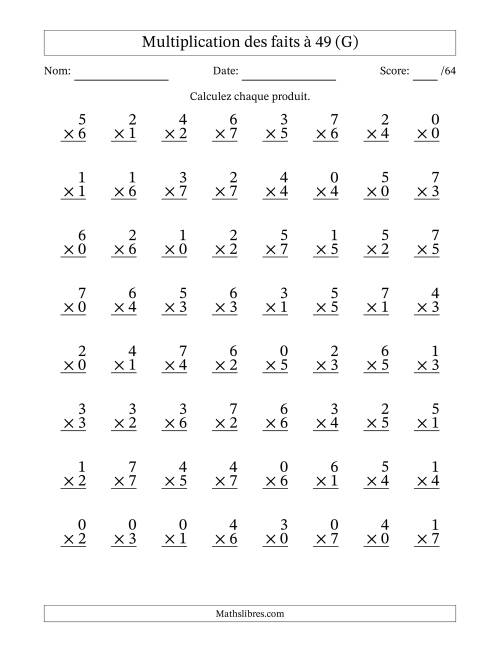 Multiplication des faits à 49 (64 Questions) (Avec Zeros) (G)