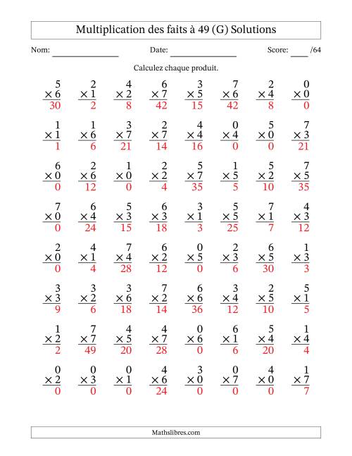 Multiplication des faits à 49 (64 Questions) (Avec Zeros) (G) page 2