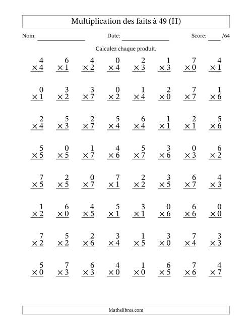 Multiplication des faits à 49 (64 Questions) (Avec Zeros) (H)