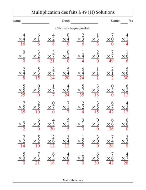 Multiplication des faits à 49 (64 Questions) (Avec Zeros) (H) page 2