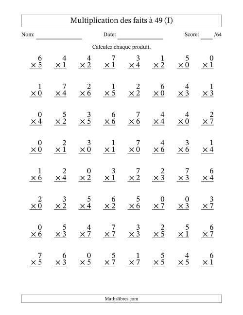 Multiplication des faits à 49 (64 Questions) (Avec Zeros) (I)