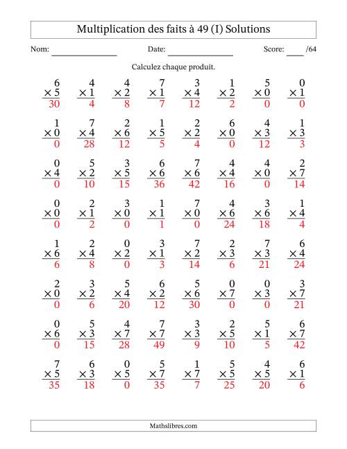 Multiplication des faits à 49 (64 Questions) (Avec Zeros) (I) page 2