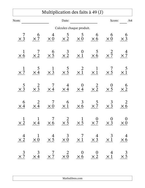 Multiplication des faits à 49 (64 Questions) (Avec Zeros) (J)