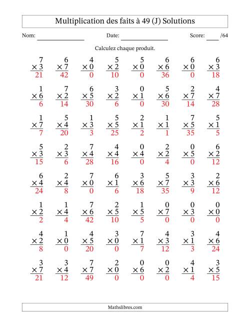 Multiplication des faits à 49 (64 Questions) (Avec Zeros) (J) page 2