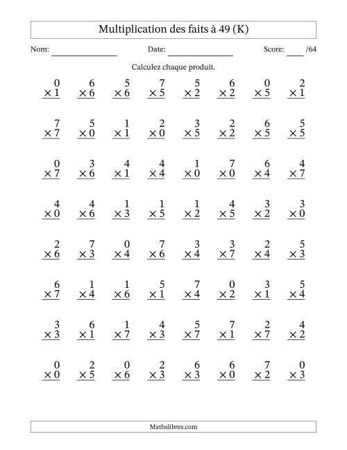 Multiplication des faits à 49 (64 Questions) (Avec Zeros) (K)