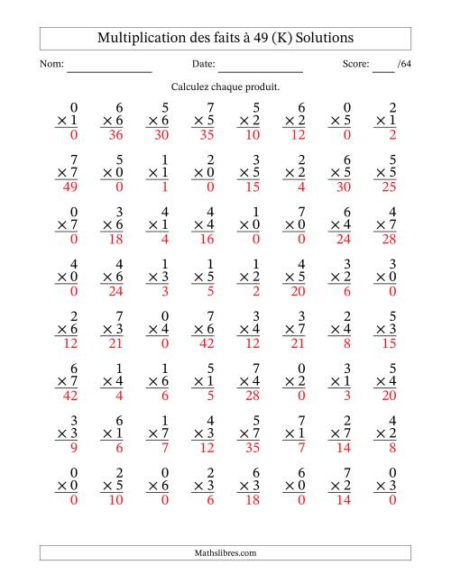 Multiplication des faits à 49 (64 Questions) (Avec Zeros) (K) page 2