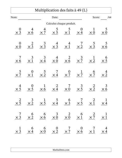 Multiplication des faits à 49 (64 Questions) (Avec Zeros) (L)