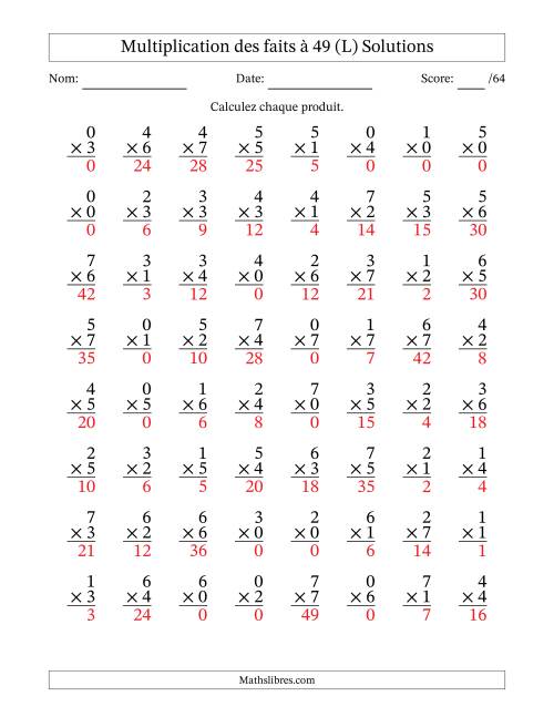 Multiplication des faits à 49 (64 Questions) (Avec Zeros) (L) page 2