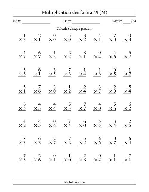 Multiplication des faits à 49 (64 Questions) (Avec Zeros) (M)