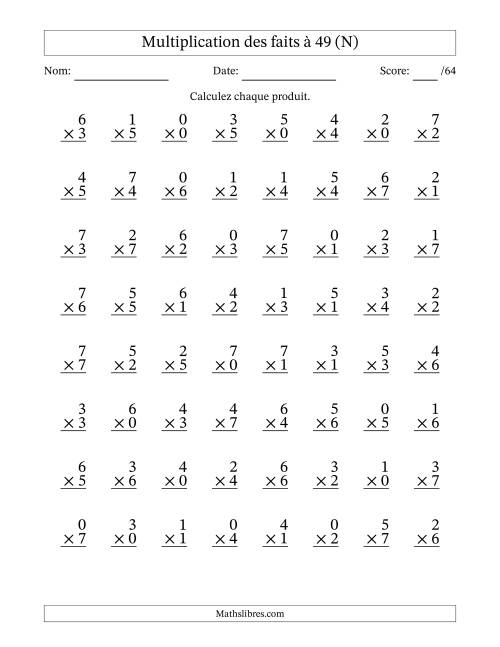 Multiplication des faits à 49 (64 Questions) (Avec Zeros) (N)