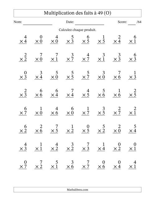 Multiplication des faits à 49 (64 Questions) (Avec Zeros) (O)