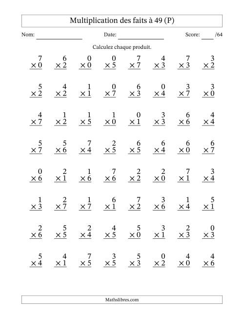 Multiplication des faits à 49 (64 Questions) (Avec Zeros) (P)