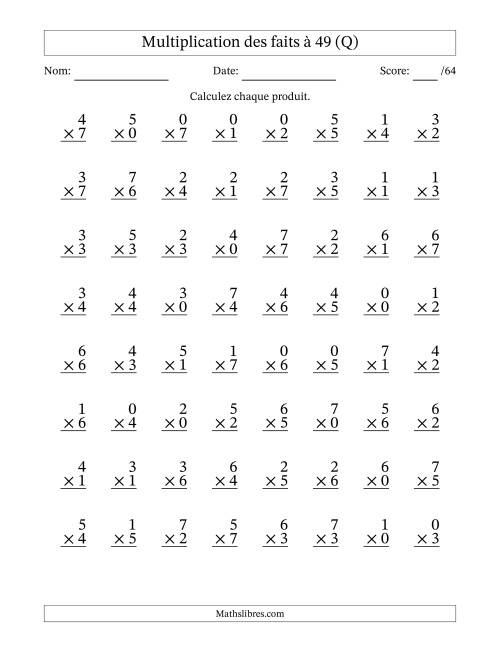 Multiplication des faits à 49 (64 Questions) (Avec Zeros) (Q)