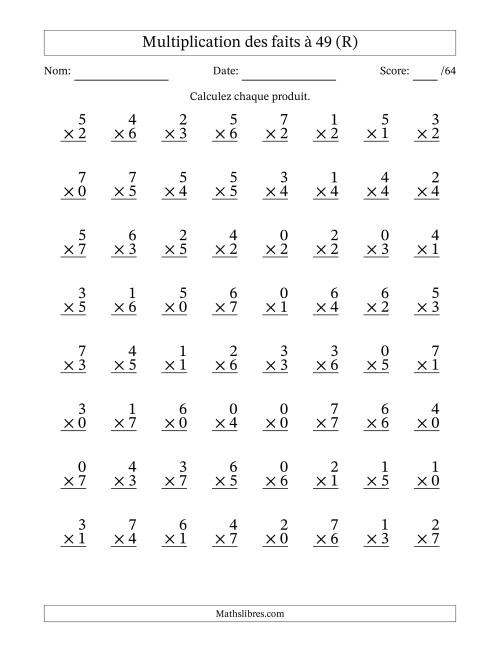 Multiplication des faits à 49 (64 Questions) (Avec Zeros) (R)