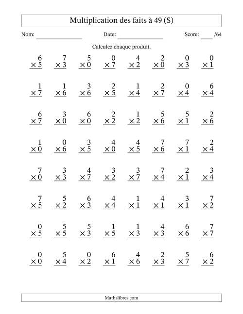 Multiplication des faits à 49 (64 Questions) (Avec Zeros) (S)
