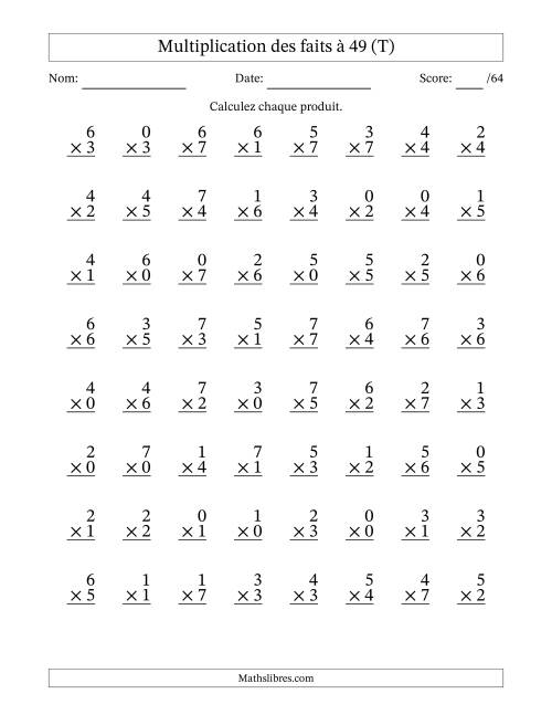 Multiplication des faits à 49 (64 Questions) (Avec Zeros) (T)