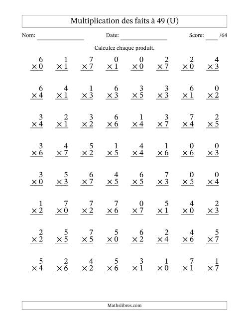 Multiplication des faits à 49 (64 Questions) (Avec Zeros) (U)