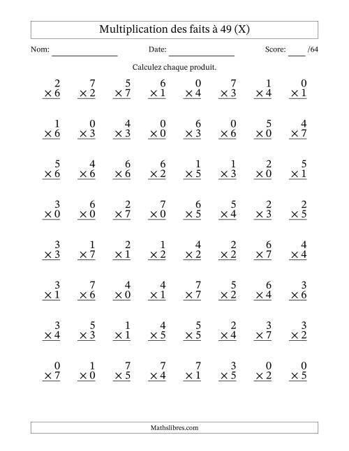 Multiplication des faits à 49 (64 Questions) (Avec Zeros) (X)