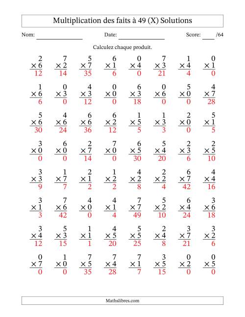 Multiplication des faits à 49 (64 Questions) (Avec Zeros) (X) page 2