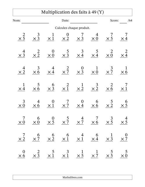 Multiplication des faits à 49 (64 Questions) (Avec Zeros) (Y)