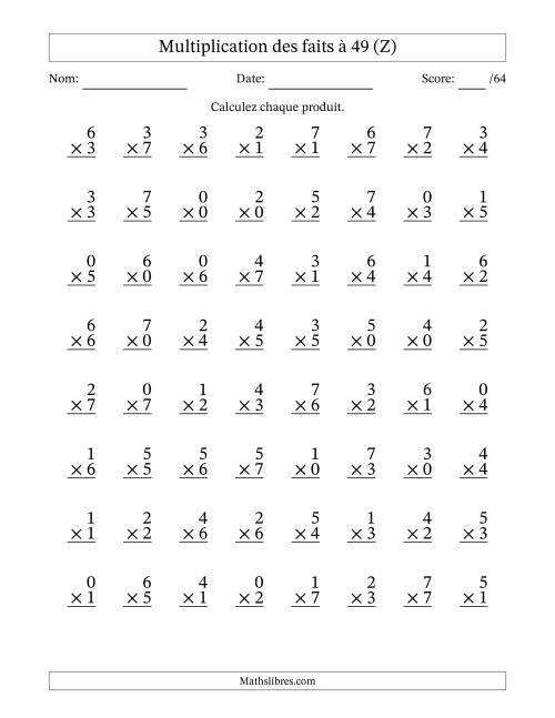 Multiplication des faits à 49 (64 Questions) (Avec Zeros) (Z)